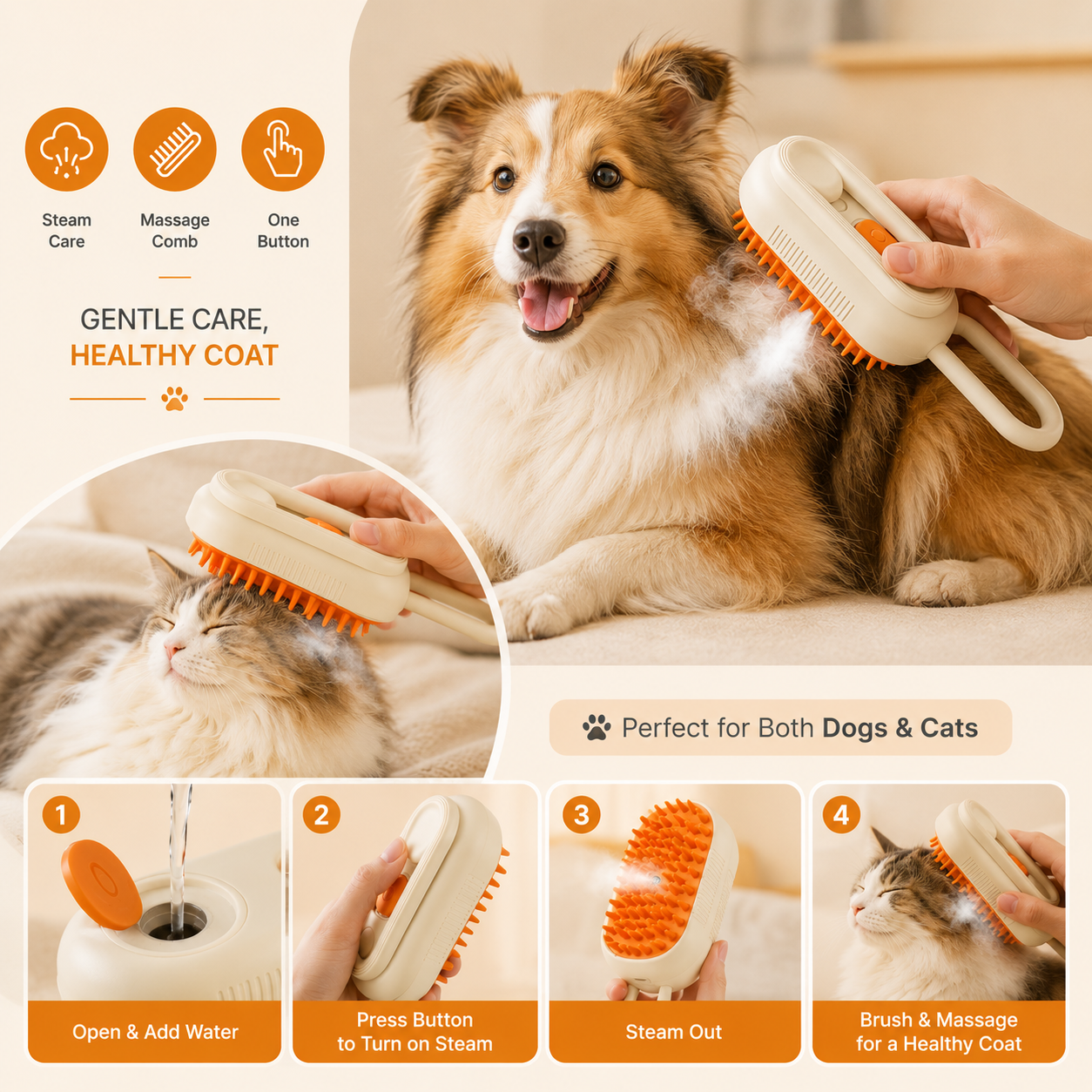 Steam Brush for Dog Cat 3 in 1 Water Brush for Dogs Silicone Massage Dog Comb Electric Multifunctional Water Brush Spa for Dogs USB Rechargeable Steamy Brush for Pets